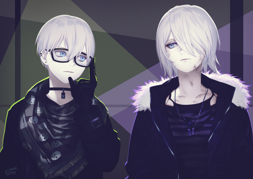 1boy 9s_(nier:automata) a2_(nier:automata) android commentary_request female glasses gloves hekoheko jacket looking_at_another mole nier:automata nier_(series) short_hair white_hair