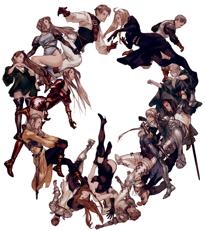 6+boys 6+girls absurdres armor boots canopus_wolph catiua_powell cerya_phoraena cistina_phoraena deneb_rove denim_powell gloves guildus_winzalf_burn hat high_heels highres knight lans_hamilton legs mildain_walhorn multiple_boys multiple_girls official_art olivya_phoraena photoshop_(medium) ravness_loxaerion sherri_phoraena shoes siblings simple_background sisters sword tactics_ogre vice_bozeg warren_moons weapon witch witch_hat yoshida_akihiko