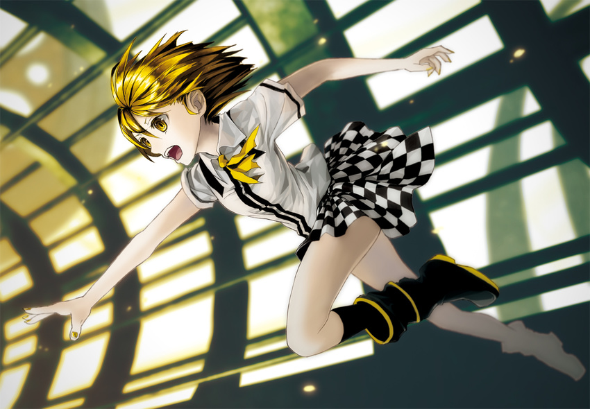 blonde_hair boots checkered_clothes checkered_skirt commentary_request female kagamine_rin more_(vitalia) nail_polish necktie photoshop_(medium) short_hair skirt solo tiger_rampage_(vocaloid) vocaloid yellow_eyes yellow_nails