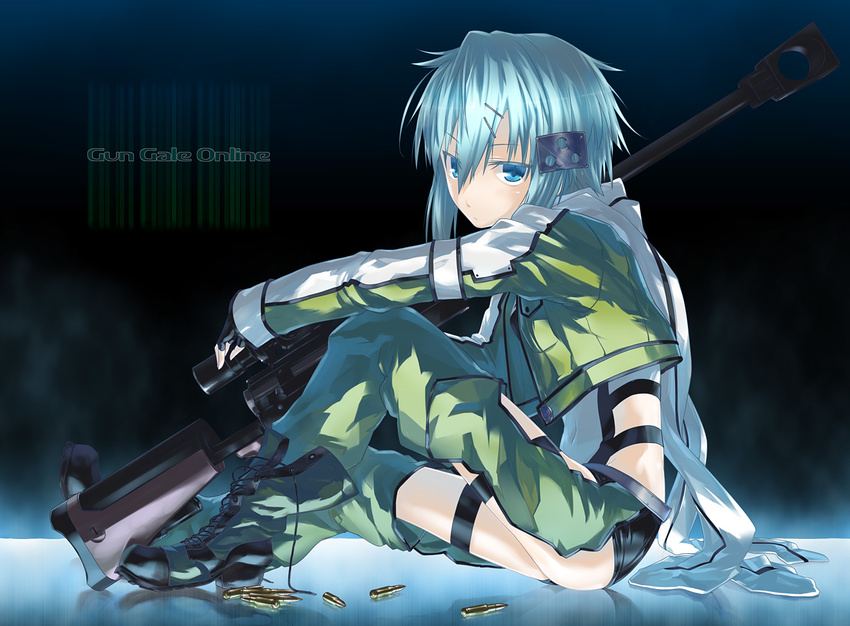 anti-materiel_rifle blue_hair blush bolt_action boots bullet commentary_request female gun hair_ornament makie_fujiyuki pgm_hecate_ii rifle short_hair sinon sitting sniper_rifle solo sword_art_online thigh_strap weapon