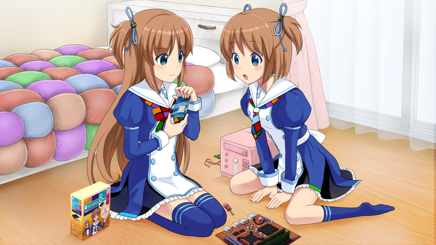 2girls bow brown_hair hair_ribbon highres madobe_ai madobe_yuu microsoft multiple_girls os os-tan ribbon side_ponytail wallpaper windows windows_8