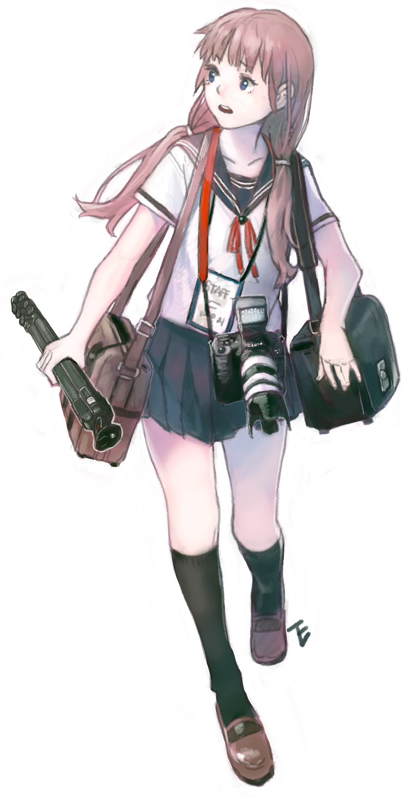 absurdres bag black_socks brown_hair camera commentary_request dicorndl female full_body highres kneehighs lanyard long_hair open_mouth original photoshop_(medium) school_uniform serafuku simple_background skirt socks solo tripod twintails white_background