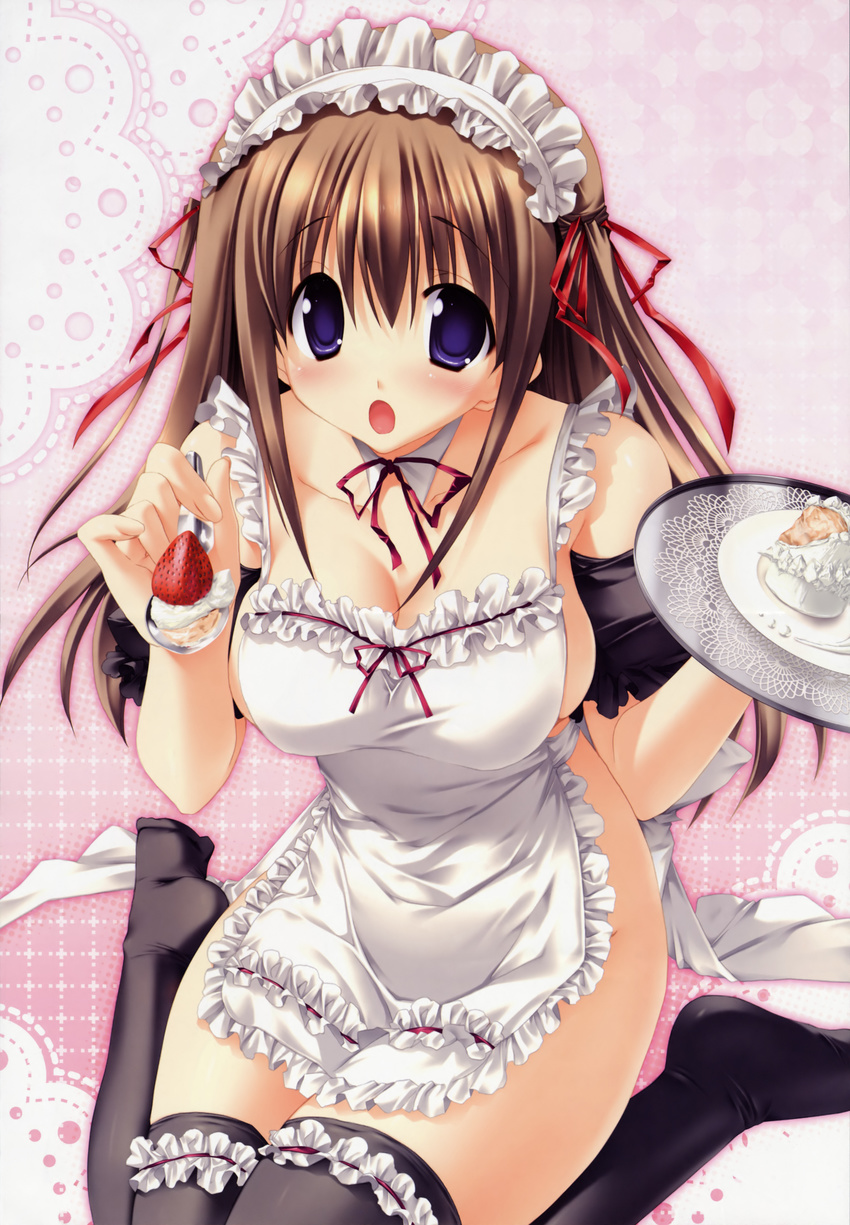 :o absurdres apron blue_eyes blush breasts brown_hair cake cleavage collar feeding food frills fruit hair_ribbon hairband highres kiss_to_lord_to_darjeeling kneeling large_breasts maid_headdress naked_apron nanase_yuuna open_mouth pastry pov_feeding ribbon solo spoon strawberry takanae_kyourin thighhighs tray waitress