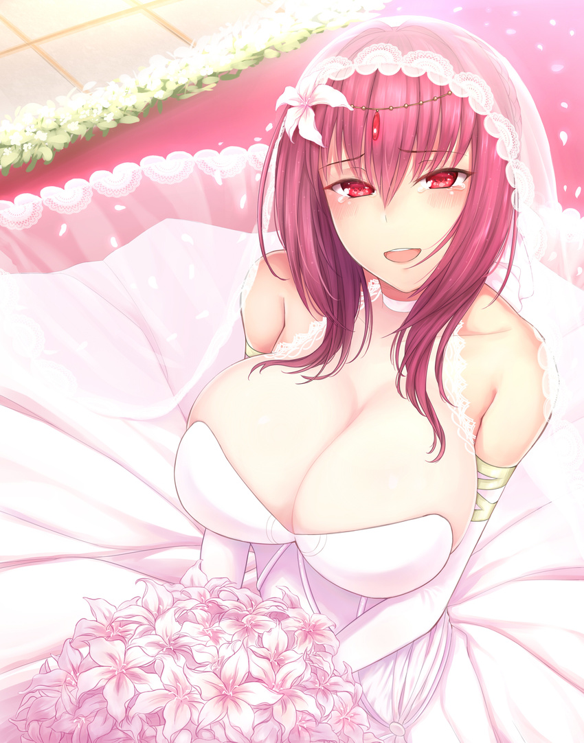 absurdres bare_shoulders blush bouquet breasts bridal_veil choker circlet cleavage collarbone commentary_request dress elbow_gloves fate/grand_order fate_(series) female flower gloves hair_between_eyes hair_flower hair_ornament highres huge_breasts jewelry lace lace-trimmed_dress lace_trim long_hair lun7732 open_mouth purple_hair red_eyes scathach_(fate) smile solo tearing_up veil wedding_dress white_gloves