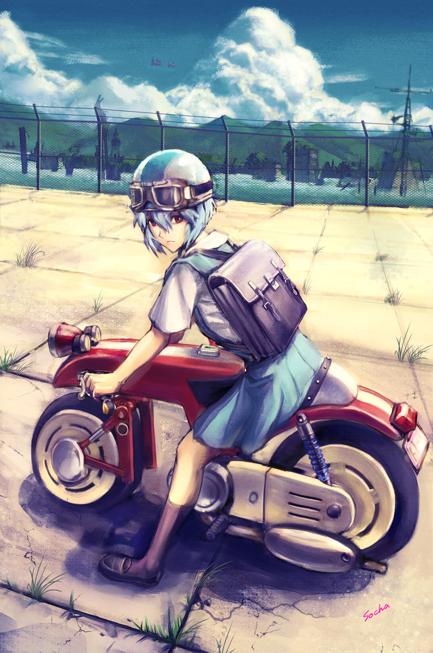 aircraft airplane artist_name ayanami_rei backpack bag blue_hair cloud commentary_request creator_connection day female fence goggles grass helmet highres honneamise_no_tsubasa jet looking_at_viewer marty_tohn motor_vehicle motorcycle mountain neon_genesis_evangelion outdoors photoshop_(medium) red_eyes school_uniform science_fiction serafuku sky socha_(pixiv99744) tokyo-3_middle_school_uniform un_heavy_fighter_jet_(evangelion) vehicle_focus