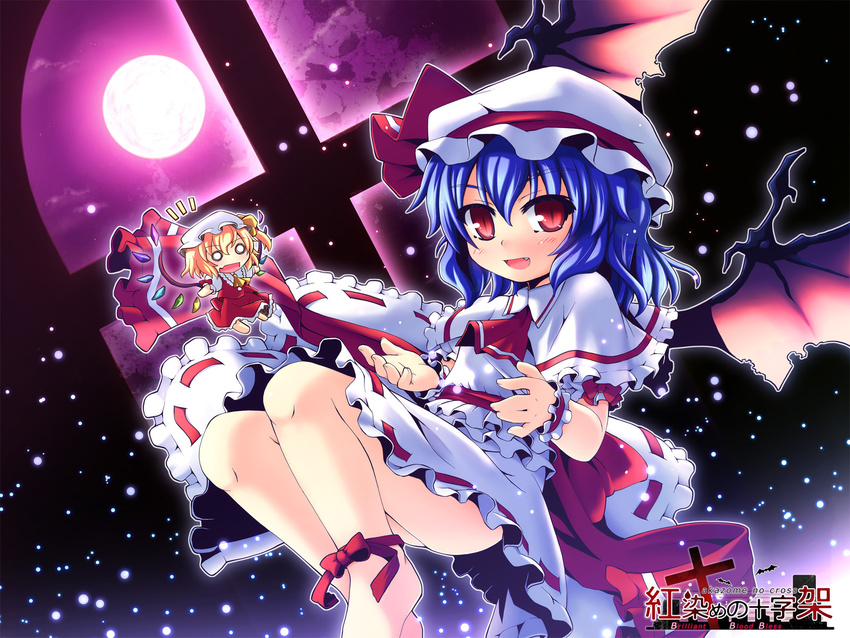 2girls asymmetrical_hair barefoot bat_wings blonde_hair blue_hair chibi commentary_request etogami_kazuya flandre_scarlet floating full_moon hat highres leg_ribbon looking_at_viewer moon multiple_girls o_o ponytail red_eyes remilia_scarlet ribbon short_hair siblings side_ponytail sisters slit_pupils touhou wings wrist_cuffs