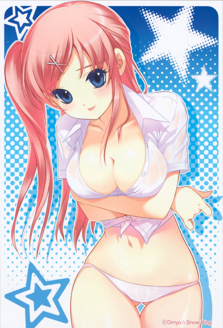 blue_eyes bottomless breast_hold breasts cleavage copyright_request d_myo highres lowleg lowleg_panties midriff navel panties pink_hair shirahane_nao skindentation underwear