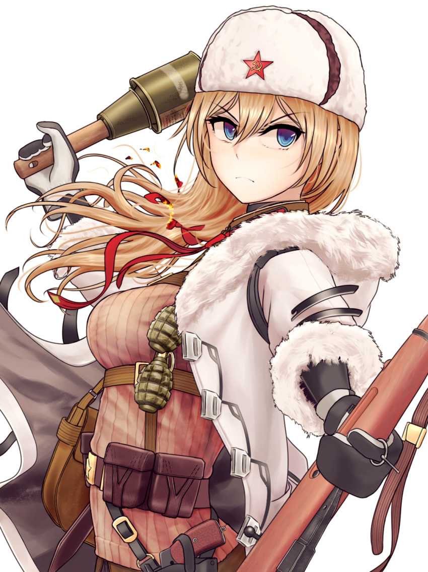 >:( ammunition_pouch averting_eyes bad_id bad_pixiv_id bag belt belt_buckle belt_pouch black_gloves blonde_hair blue_eyes bolt_action breasts brown_bag brown_belt brown_sweater buckle burnt_clothes closed_mouth coat commentary explosive f-1_grenade_(soviet) female frown fur-trimmed_sleeves fur_collar fur_hat fur_trim girls'_frontline gloves grenade grenade_pin gun gun_sling hair_between_eyes hair_ornament hair_tie hair_undone hammer_and_sickle handgun hat highres holding holding_grenade holding_weapon holster holstered hood hood_down hooded_coat jacket load_bearing_equipment long_hair long_sleeves looking_to_the_side military_hat mosin-nagant mosin-nagant_(girls'_frontline) mosin-nagant_(mod3)_(girls'_frontline) multiple_straps nagant_m1895 necktie open_clothes open_coat pouch red_necktie red_star revolver ribbed_sweater rifle satchel sidelocks simple_background solo star_(symbol) star_hair_ornament sweater turisasu two-tone_gloves upper_body ushanka v-shaped_eyebrows weapon white_background white_coat white_gloves white_hat