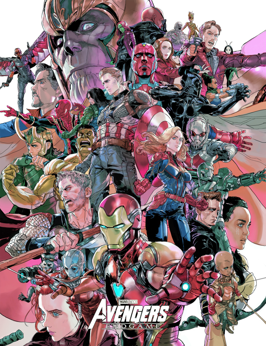 absurdres ant-man avengers:_endgame avengers_(series) black_panther_(marvel) black_widow bruce_banner captain_america captain_marvel carol_danvers clint_barton doctor_strange drax_the_destroyer gamora groot guardians_of_the_galaxy hawkeye_(marvel) highres hulk iron_man james_buchanan_barnes james_rhodes loki_(marvel) mantis_(marvel) marvel marvel_cinematic_universe natasha_romanoff nebula_(gotg) nick_fury okoye peter_parker peter_quill rocket_raccoon sam_wilson scarlet_witch scott_lang shuri_(marvel) source_request spider-man steve_rogers t'challa thanos thor_(marvel) tony_stark valkyrie vision_(marvel) wanda_maximoff war_machine winter_soldier