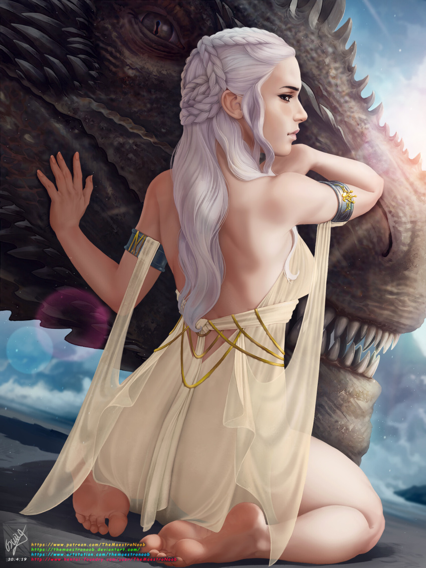 a_song_of_ice_and_fire armlet back bare_back barefoot blue_eyes braid breasts commentary daenerys_targaryen dated dragon drogon feet female forehead french_braid game_of_thrones highres lips long_hair looking_back medium_breasts nose signature sitting size_difference soles solo_focus themaestronoob toes variant_set wariza watermark web_address