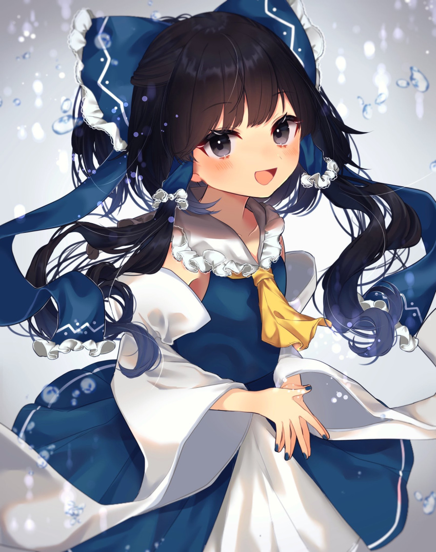 :d alternate_color ascot bare_shoulders black_eyes black_hair blue_bow blue_nails blue_shirt blue_skirt blurry blush bow commentary cowboy_shot detached_sleeves female frilled_shirt_collar frills hair_tubes hairbow hakurei_reimu highres long_hair long_sleeves looking_at_viewer nail_polish open_mouth own_hands_together player_2 shirt skirt skirt_set smile solo standing steepled_fingers touhou water_drop wide_sleeves yellow_ascot youtan