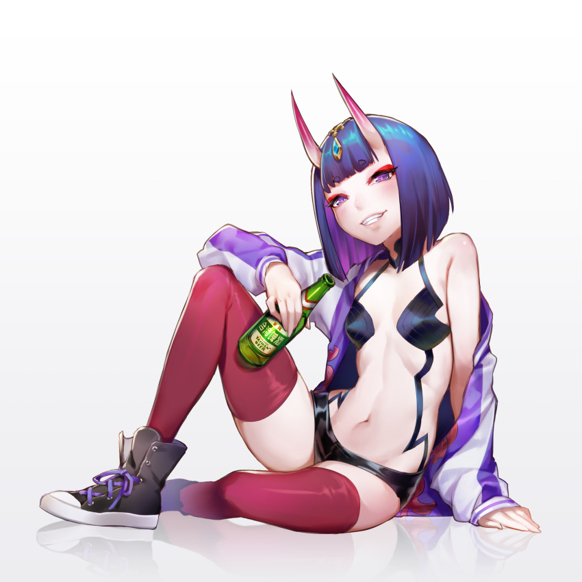 arm_on_knee bare_shoulders black_footwear black_shorts blunt_bangs blush bob_cut boots bottle breasts casual commentary eyeliner fate/grand_order fate_(series) female full_body gem gradient_background grin head_tilt headpiece highres holding holding_bottle horns jacket knee_up looking_at_viewer makeup navel off_shoulder oni open_clothes open_jacket open_mouth petite purple_eyes purple_hair red_thighhighs revealing_clothes short_eyebrows short_hair short_shorts shorts shuten_douji_(fate) sidelocks simple_background sitting skin-covered_horns small_breasts smile solo stomach tarantulaines thighhighs thighs