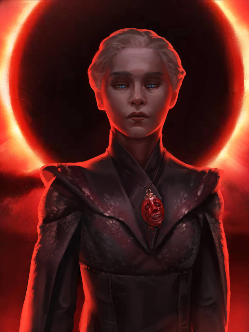 a_song_of_ice_and_fire alternate_universe artist_request behelit berserk blonde_hair blood blue_eyes crossover daenerys_targaryen eclipse female game_of_thrones highres jewelry long_hair looking_at_viewer md5_mismatch necklace red_background solo spoilers standing