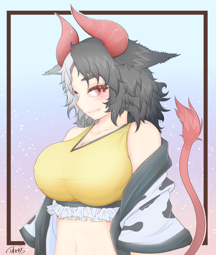 absurdres animal_ears animal_print artist_name bare_shoulders black_hair blue_background blush breasts cleavage clip_studio_paint_(medium) collarbone commentary_request cow_ears cow_girl cow_horns cow_print cow_tail crop_top cube85 fang_out female frills gradient_background grey_hair haori highres horns huge_breasts japanese_clothes long_sleeves looking_at_viewer midriff multicolored_hair navel oerba_yun_fang off_shoulder outside_border pink_background purple_background red_eyes red_horns red_tail short_hair signature smile solo split-color_hair sports_bra stomach tail thick_eyebrows touhou two-tone_hair upper_body ushizaki_urumi wide_sleeves yellow_sports_bra