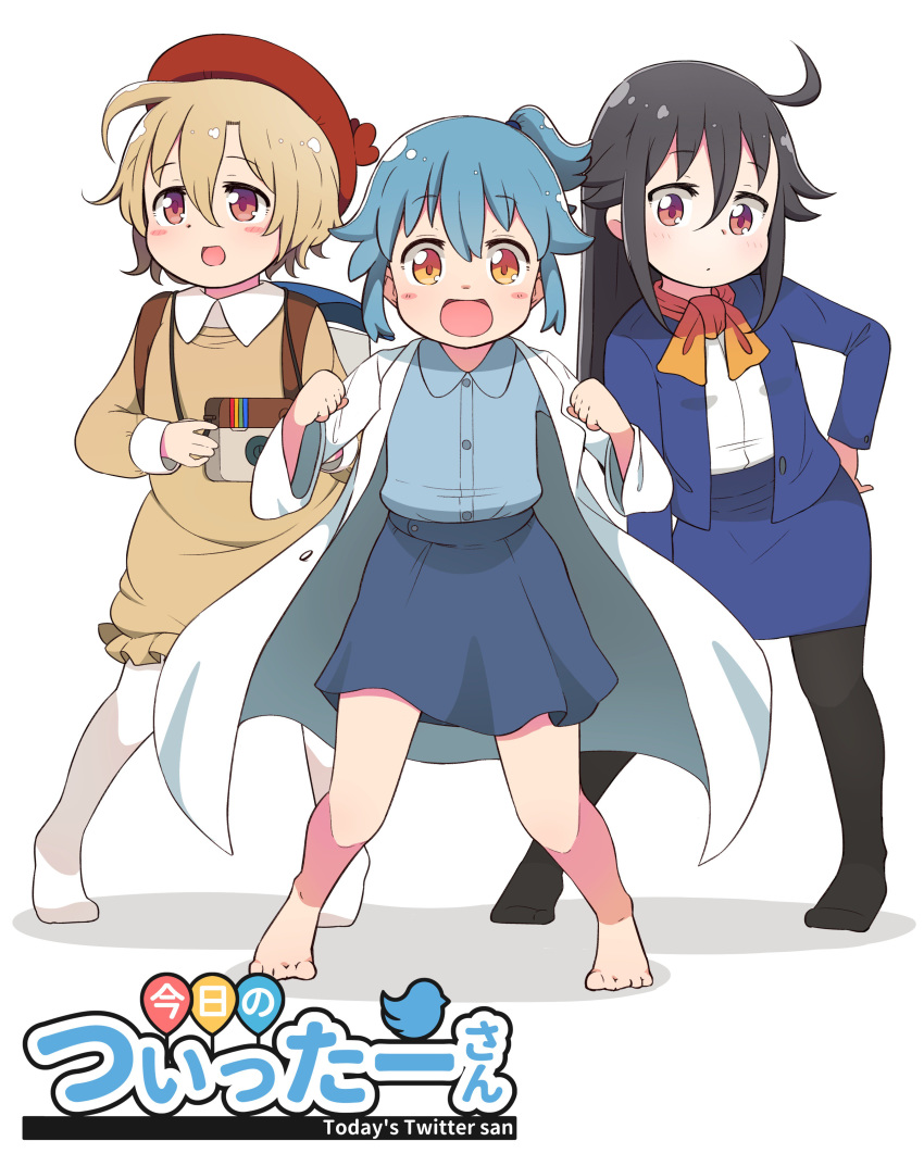 3girls :d absurdres ahoge backpack bad_id bad_twitter_id bag barefoot beret black_hair black_legwear blue_jacket blue_shirt blush_stickers brown_dress camera clenched_hands collared_shirt commentary_request copyright_name cover dress facebook facebook-san formal full_body hair_between_eyes hair_flaps hand_on_own_hip hat highres holding holding_camera instagram instagram-san jacket lab_coat light_brown_hair long_sleeves looking_at_viewer multiple_girls neckerchief no_pants no_shoes open_mouth orange_eyes orange_neckerchief pantyhose personification ponytail randoseru red_eyes red_headwear shirt sidelocks skirt skirt_suit smile standing suit tsukigi twitter twitter-san twitter-san_(character) white_background white_legwear white_shirt