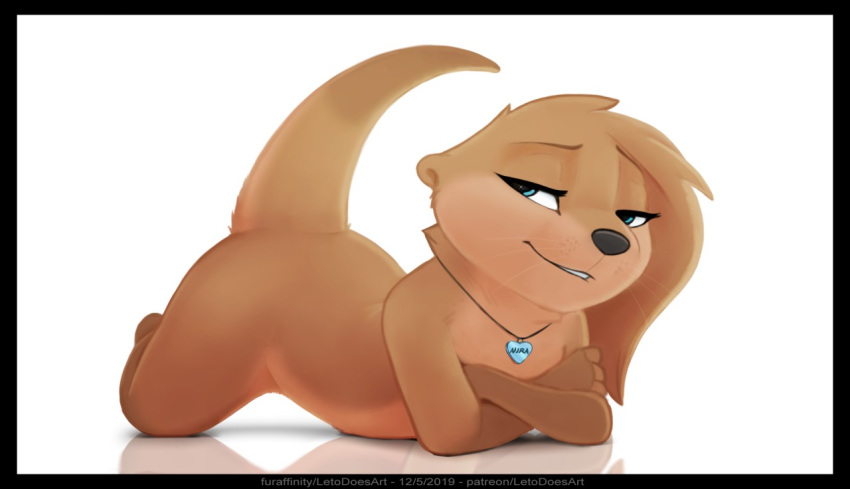 anthro ass_up blue_eyes brown_body brown_fur crossed_arms female fur grin jewelry letodoesart looking_at_viewer lying mammal mustelid narrowed_eyes necklace nira_(letodoesart) nude on_front otter raised_tail semi-anthro simple_background smile solo tail