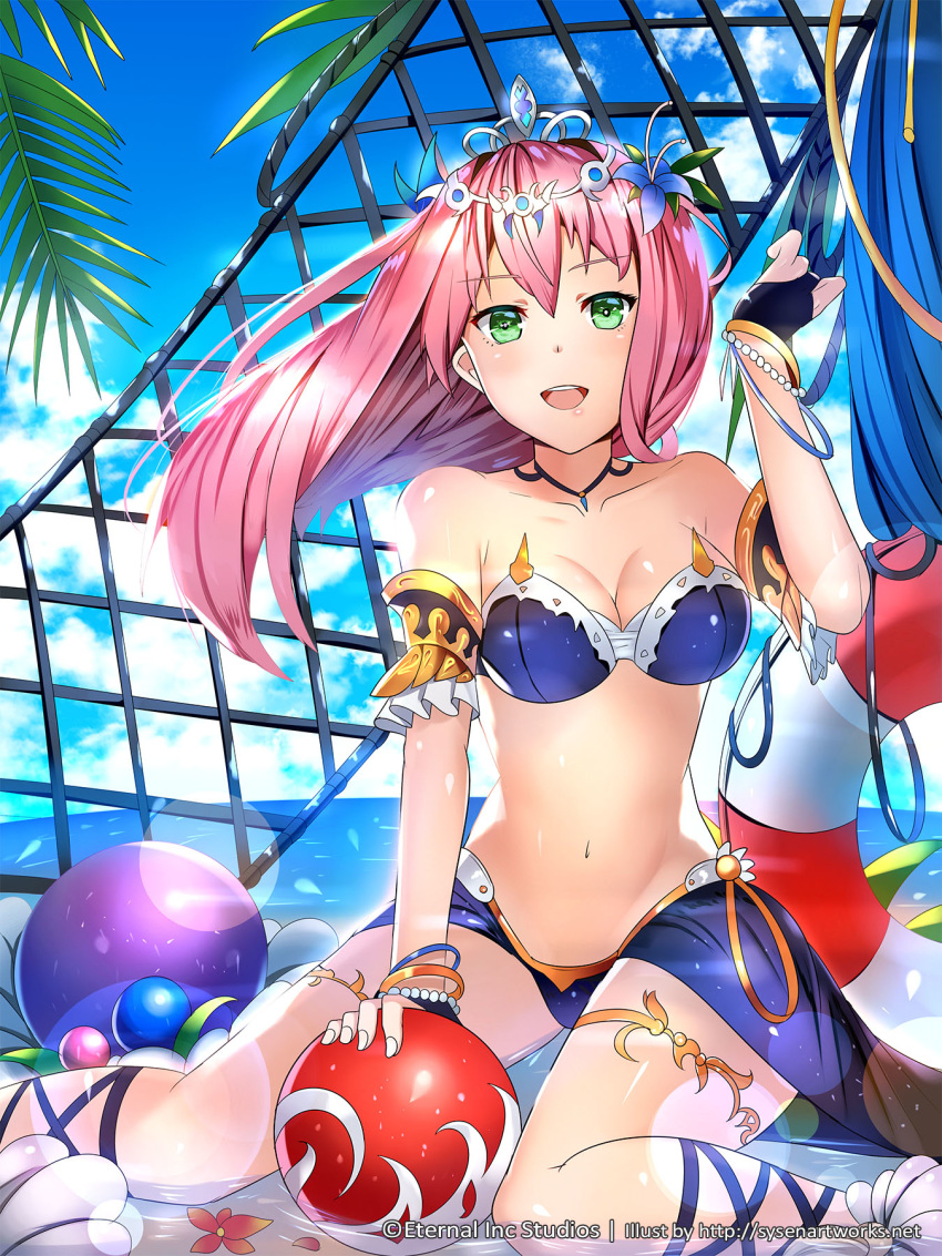 :d arm_strap ball bikini blue_bikini blue_flower blue_sky bracelet breasts bridal_gauntlets choker cleavage cloud collarbone commentary_request day diadem female floating_hair flower green_eyes hair_between_eyes hair_flower hair_ornament highres jewelry lens_flare long_hair looking_at_viewer medium_breasts navel ocean open_mouth original outdoors photoshop_(medium) pink_hair shiny_skin sky smile solo striped_bikini striped_clothes swimsuit sysen very_long_hair watermark web_address