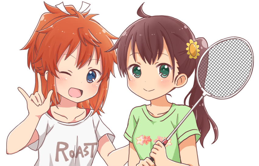 2girls ;d \m/ ahoge badminton_racket blue_eyes blush brown_hair closed_mouth clothes_writing collarbone commentary_request floral_print flower green_eyes green_shirt hair_between_eyes hair_flower hair_ornament hair_ribbon high_ponytail highres holding koshigaya_natsumi long_hair multiple_girls niizato_aoi non_non_biyori one_eye_closed open_mouth ponytail print_shirt racket ribbon shika_(s1ka) shirt short_sleeves side_ponytail simple_background smile t-shirt upper_body white_background white_ribbon white_shirt yellow_flower