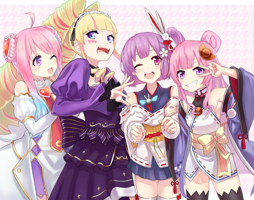 4girls ahoge blonde_hair blue_eyes blunt_bangs blush breasts commentary_request compile_heart deep_web_underground dress drill_hair hairband highres ileheart japanese_clothes lolita_hairband long_hair long_sleeves looking_at_viewer multiple_girls nuwon oda_nobuhime one_eye_closed pink_eyes pink_hair prismplus project_upd8 puffy_sleeves purple_eyes purple_hair shinsougumi short_hair tenjin_kotone twin_drills v very_long_hair virtual_youtuber