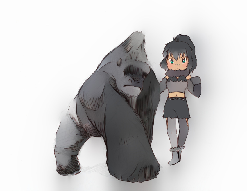 2019 :< adolescent ambiguous_gender animal_humanoid ape ape_humanoid arm_warmers armwear bandage bare_shoulders belt biped black_body black_bottomwear black_clothing black_fur black_hair black_skirt blush boots bottomwear breasts clothed clothing crop_top cross-hatching digital_drawing_(artwork) digital_media_(artwork) duo eyebrows eyeless female feral fist footwear frown full-length_portrait fully_clothed fur gloves gorilla gorilla_humanoid green_eyes grey_armwear grey_body grey_clothing grey_footwear grey_fur grey_gloves grey_handwear grey_legwear grey_topwear hair handwear haplorhine hatching_(art) hi_res humanoid iceeye_ena japanese kemono_friends larger_ambiguous larger_feral legwear light_body light_skin looking_at_viewer mammal mammal_humanoid midriff muscular muscular_feral navel ponytail portrait primate primate_humanoid quadruped shaded shadow shirt simple_background size_difference skirt smaller_female smaller_humanoid standing tan_body tan_skin thigh_highs topwear western_gorilla western_lowland_gorilla western_lowland_gorilla_(kemono_friends) white_background young