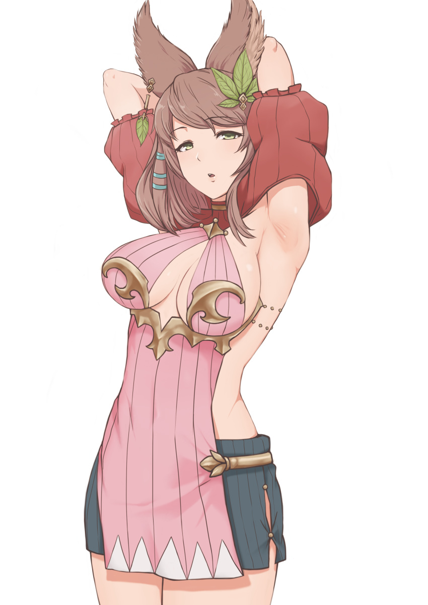 absurdres animal_ears armpits arms_behind_head arms_up bad_id bad_pixiv_id black_skirt breasts brown_hair cleavage_cutout clothing_cutout commentary_request cowboy_shot erune female granblue_fantasy green_eyes hair_ornament half-closed_eyes highres impossible_clothes la_coiffe_(granblue_fantasy) large_breasts leaf_hair_ornament legs_together looking_at_viewer medium_hair mil_k_vanilla parted_lips puffy_sleeves short_sleeves sideless_outfit simple_background skirt solo standing swept_bangs tareme turtleneck white_background