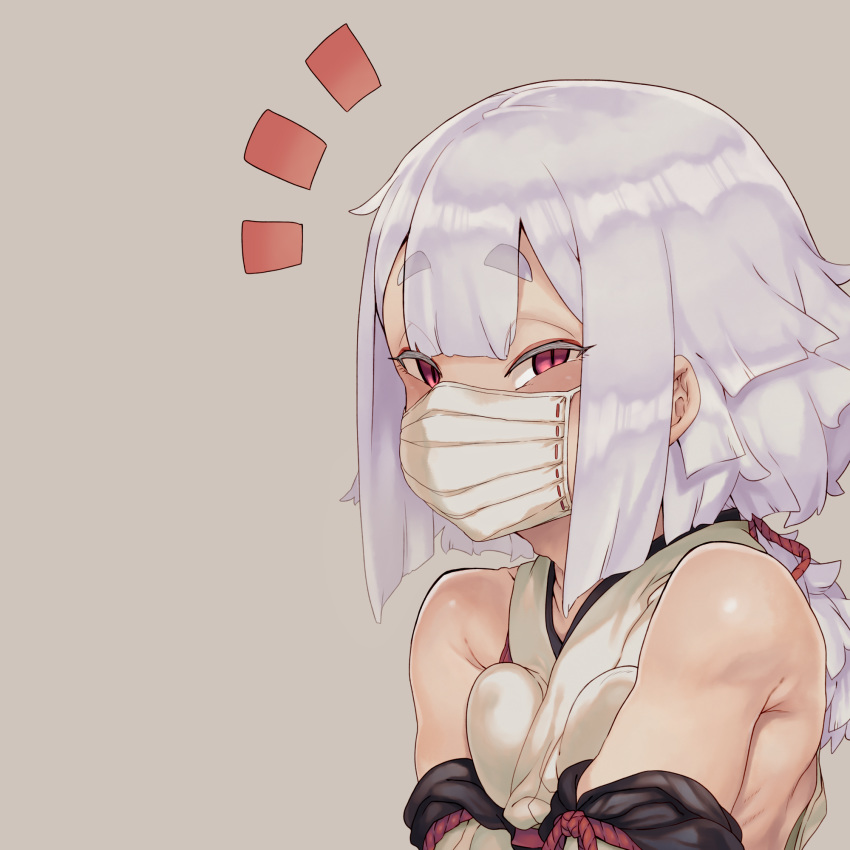 bare_shoulders blush breasts collagen commentary_request detached_sleeves dildo_gag dildo_reveal dildo_under_mask female gag highres japanese_clothes long_hair looking_at_viewer mask meme mouth_mask original red_eyes sleeveless solo surgical_mask thick_eyebrows upper_body white_hair