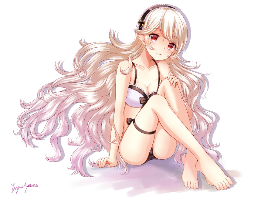 barefoot black_hairband breasts cleavage closed_mouth commentary_request corrin_(female)_(fire_emblem) corrin_(fire_emblem) feet female fire_emblem fire_emblem_fates fire_emblem_heroes full_body hairband highres knees_up lingerie long_hair md5_mismatch medium_breasts pointy_ears red_eyes resolution_mismatch signature simple_background sitting smile solo source_smaller underwear white_background white_hair yuyumi_(yuurei)