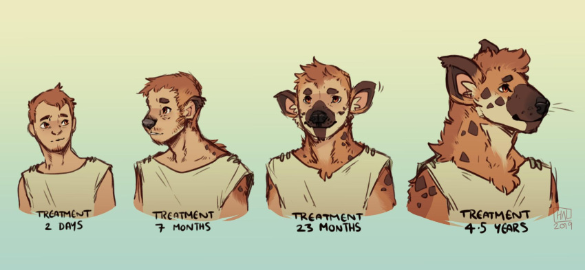 2019 anthro bust_portrait clothing english_text hi_res human human_to_anthro humanoid_pointy_ears hyena lakehounds male mammal portrait sequence shirt snout solo species_transformation spotted_hyena text topwear transformation