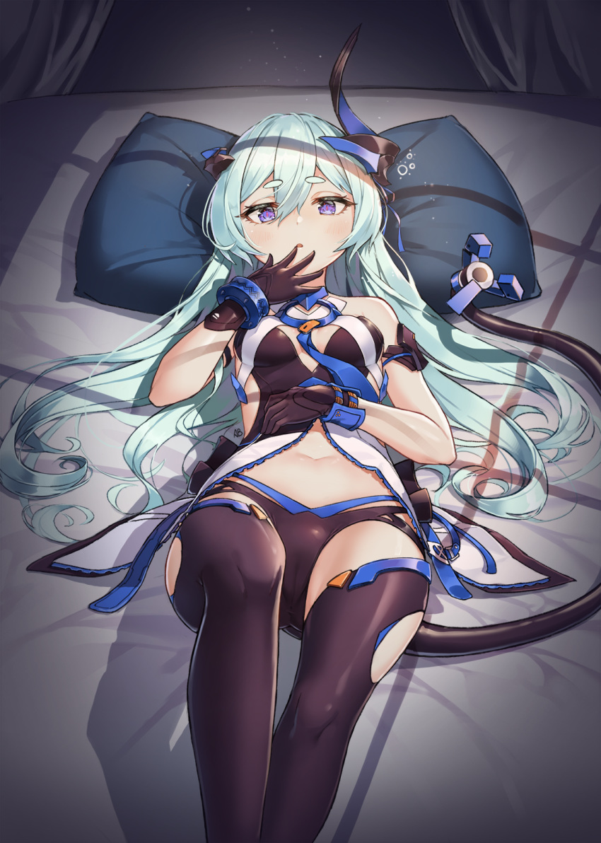 aliceblue aqua_hair armband bad_id bad_pixiv_id bare_shoulders black_gloves black_legwear black_panties blush breasts choker commentary_request dress female gloves hair_ornament hair_ribbon hair_spread_out hand_to_own_mouth hand_up highres honkai_(series) honkai_impact_3rd horns knee_up korean_commentary liliya_olenyeva long_hair looking_at_viewer lying mechanical_tail multi-strapped_panties navel on_back open_clothes open_dress panties purple_eyes ribbon short_eyebrows single_horn sleeveless sleeveless_dress small_breasts tail thick_eyebrows thighhighs underwear