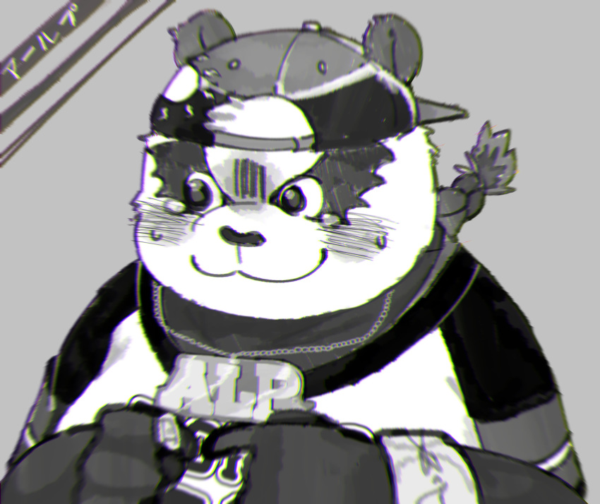 2019 a_vwxyz absurd_res alp_(tas) anthro bear blush clothing giant_panda hat headgear headwear hi_res humanoid_hands illust_shota japanese_text lifewonders male mammal shirt solo text tokyo_afterschool_summoners topwear