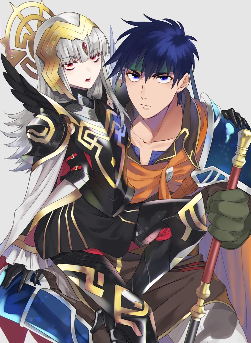 1boy armor black_armor black_gloves blue_eyes blue_hair cape commentary_request feather_trim female fire_emblem fire_emblem:_path_of_radiance fire_emblem_heroes gloves green_headband grey_background grey_hair hair_ornament headband highres hutuuno_tsubo ike_(brave_mercenary)_(fire_emblem) ike_(fire_emblem) long_hair long_sleeves parted_lips protected_link red_eyes short_hair shoulder_armor simple_background veronica_(brave_princess)_(fire_emblem) veronica_(fire_emblem)