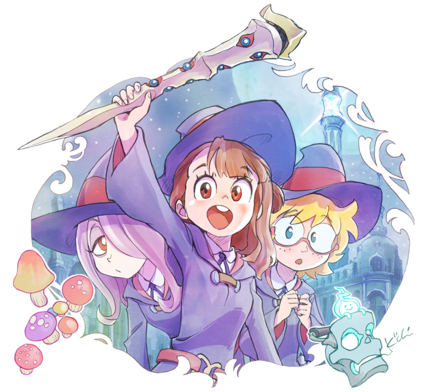 3girls blonde_hair blue_eyes brown_eyes brown_hair glasses hat kagari_atsuko kiichi little_witch_academia long_hair lotte_jansson multiple_girls mushroom open_mouth purple_hair red_eyes shiny_rod short_hair sucy_manbavaran witch witch_hat