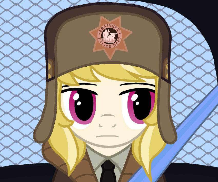 clothing coat cosplay crossover earth_pony equid equine fargo female friendship_is_magic frown hasbro hat headgear headwear hi_res horse mammal march_gustysnows_(mlp) my_little_pony necktie pink_eyes police pony solo tineid topwear ushanka