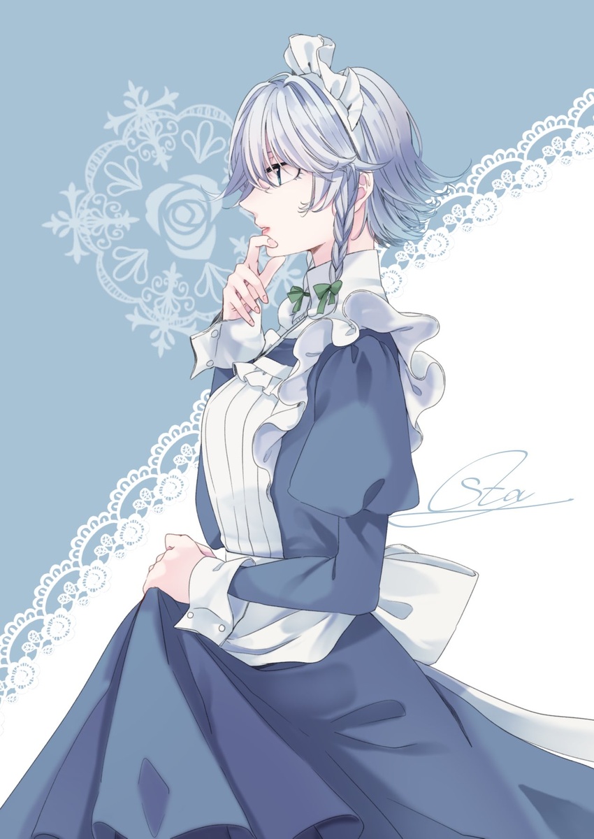 apron artist_name bad_id bad_twitter_id blue_background blue_dress blue_eyes bow braid breasts commentary cowboy_shot dress female from_side green_bow grey_hair hairbow hand_on_own_chin hand_up highres izayoi_sakuya juliet_sleeves lace_trim large_breasts long_sleeves maid maid_apron maid_headdress profile puffy_sleeves short_hair signature skirt_hold solo souta_(karasu_no_ouchi) touhou twin_braids two-tone_background white_apron white_background