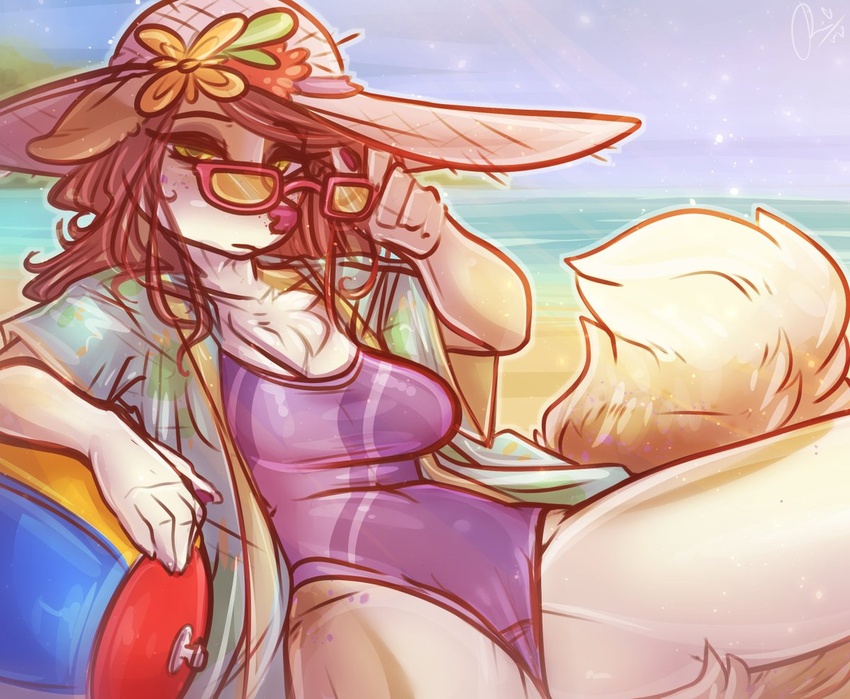 2019 anthro beach blush breasts brown_body brown_fur brown_hair camel_toe canid canine canis clothed clothing dimmi_(character) dimwitdog domestic_dog eyewear female fur glasses hair mammal one-piece_swimsuit outside seaside solo swimwear water