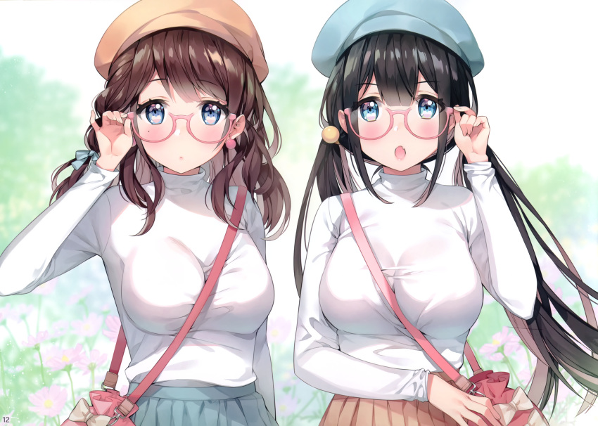 2girls absurdres adjusting_eyewear ayamy bag beret black_hair blue_eyes blurry blurry_background blush breasts brown_hair day flower glasses hair_ornament hand_up hat highres kiohana_miro long_hair long_sleeves looking_at_viewer medium_breasts medium_hair miyawaki_sana mole mole_under_eye multiple_girls open_mouth original outdoors scan turtleneck upper_body