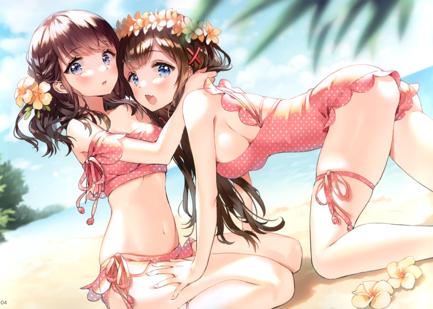 2girls absurdres all_fours ancotaku ass bare_arms bare_shoulders beach bikini blue_eyes blush breasts brown_hair cloud cloudy_sky collarbone day flower hair_flower hair_ornament head_wreath highres kiohana_miro leaf long_hair medium_breasts miyawaki_sana multiple_girls navel ocean one-piece_swimsuit open_mouth original outdoors page_number pink_bikini pink_one-piece_swimsuit polka_dot polka_dot_bikini polka_dot_swimsuit shiny_clothes shiny_skin short_hair siblings side-tie_bikini_bottom sideboob sitting skindentation sky swimsuit thigh_strap thighs twins water x_hair_ornament