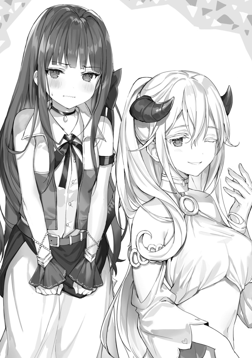 2girls arm_belt armpit_crease bare_shoulders belt blush breasts character_request choker clenched_hands closed_mouth detached_sleeves embarrassed greyscale grin hair_between_eyes hand_up highres horns jacket large_breasts last_embryo long_hair looking_at_viewer momoko_(momopoco) mondaiji-tachi_ga_isekai_kara_kuru_sou_desu_yo? monochrome multiple_girls navel neck_ribbon novel_illustration official_art one_eye_closed parted_lips ponytail ribbon shirt short_sleeves simple_background smile sweatdrop teeth very_long_hair wrist_cuffs