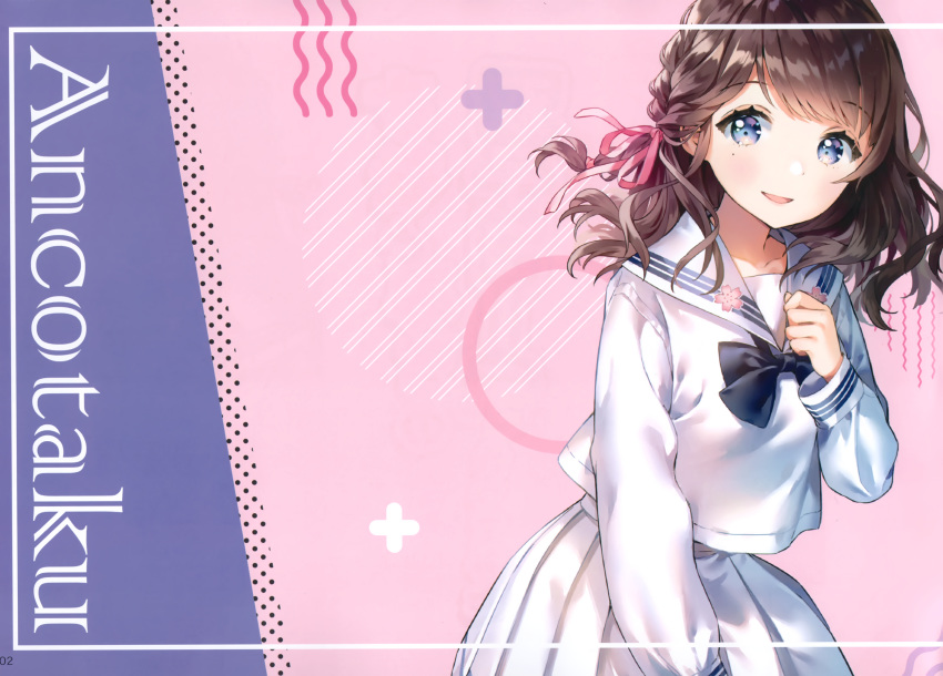 absurdres ancotaku artist_name blue_eyes blue_ribbon bow braid brown_hair collarbone female floral_print flower hairbow hand_on_own_chest hand_up highres kiohana_miro long_sleeves medium_hair mole mole_under_eye original pink_bow pleated_skirt ribbon sailor_collar scan school_uniform simple_background skirt solo tied_hair white_skirt