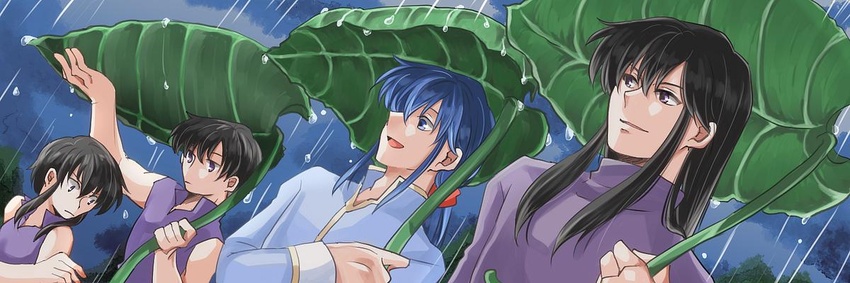 3boys black_hair blue_eyes blue_hair brother_and_sister commentary_request dutch_angle female fire_emblem fire_emblem:_genealogy_of_the_holy_war holding larcei_(fire_emblem) leaf leaf_umbrella long_hair multiple_boys outdoors rain scathach_(fire_emblem) seliph_(fire_emblem) shannan_(fire_emblem) siblings sky smile twins upper_body water_drop yakumo_(kuroyaku)