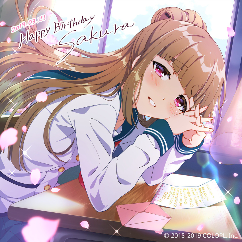 artist_request battle_girl_high_school blush brown_hair cherry_blossoms commentary_request english_text envelope female fujimiya_sakura hair_bun happy_birthday highres interlocked_fingers lens_flare letter long_hair looking_at_viewer official_art own_hands_clasped own_hands_together petals school_uniform single_hair_bun sitting solo table thick_eyebrows window