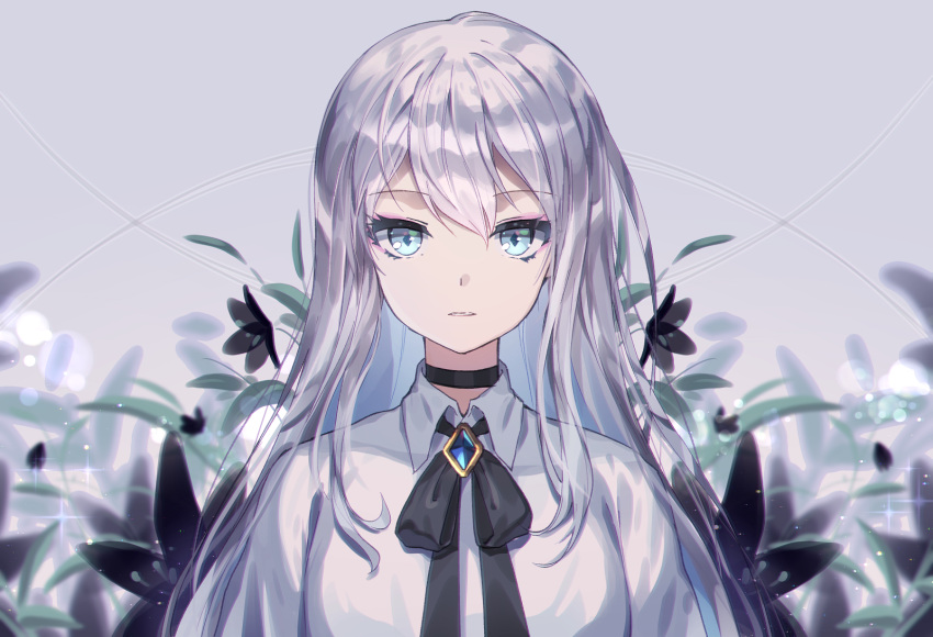 black_bow black_choker black_flower black_footwear blue_eyes blurry blurry_background bow brooch choker collared_shirt commentary depth_of_field female flower grey_background grey_hair hair_between_eyes highres jewelry kamchatka_lily lily_(flower) long_hair looking_at_viewer mechuragi original shirt solo symbol-only_commentary upper_body white_flower white_shirt