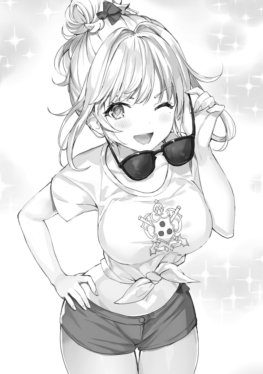 :d blush breasts character_request collarbone female greyscale hand_on_own_hip hand_up highres holding holding_removed_eyewear large_breasts last_embryo logo looking_at_viewer mole mole_under_eye momoko_(momopoco) mondaiji-tachi_ga_isekai_kara_kuru_sou_desu_yo? monochrome navel novel_illustration official_art one_eye_closed raised_eyebrows short_hair short_shorts shorts simple_background smile solo sparkle_background sunglasses teeth unworn_eyewear