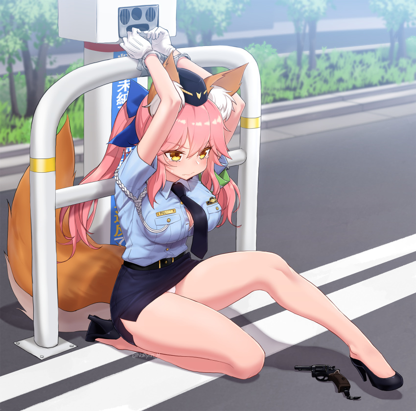 animal_ear_fluff animal_ears black_footwear black_neckwear black_skirt blue_bow blue_shirt blue_skirt bow bra bra_peek breasts commentary cuffs day duct_tape fate/extella fate/extella_link fate/extra fate_(series) female female_service_cap fox_ears fox_girl fox_tail full_body gloves gun hairbow handcuffs handgun hat high_heels highres large_breasts legs long_hair miniskirt narynn new_nambu_m60 official_alternate_costume outdoors panties pantyshot pencil_skirt pink_hair police police_hat police_uniform policewoman restrained revolver shirt side_slit sitting skirt solo split_ponytail tail tamamo_(fate) tamamo_no_mae_(fate/extra) tamamo_no_mae_(police_fox)_(fate) tape thighs underwear uniform weapon white_bra white_gloves white_panties yellow_eyes