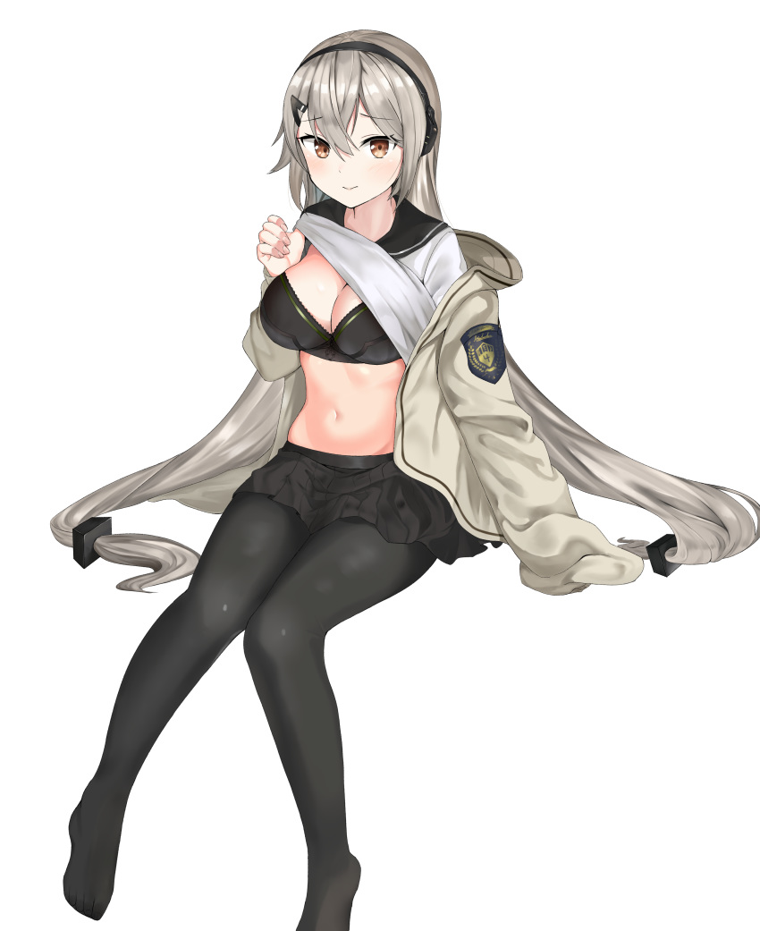 absurdres bad_id bad_pixiv_id black_bra black_pantyhose black_serafuku black_skirt blush bra breasts brown_eyes cleavage closed_mouth coat commentary_request emblem female girls'_frontline grey_coat grey_hair hair_between_eyes hair_ornament hairclip hako_reeema headphones highres invisible_chair large_breasts long_hair long_sleeves looking_at_viewer low-tied_long_hair mg4_(girls'_frontline) mg4_(survival_club)_(girls'_frontline) miniskirt navel official_alternate_costume open_clothes open_coat pantyhose school_uniform serafuku shirt simple_background sitting skirt smile solo stomach underwear very_long_hair white_background white_shirt