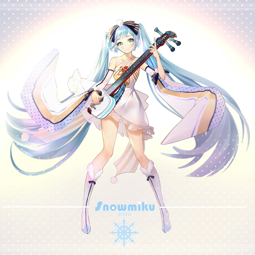 2020 blue_eyes blue_hair boots character_name chinese_commentary collarbone commentary detached_sleeves dress female floating_hair frilled_dress frills full_body fur-trimmed_boots fur_boots fur_trim hatsune_miku head_tilt highres holding holding_instrument instrument knee_boots long_hair long_sleeves looking_at_viewer lute_(instrument) music orry photoshop_(medium) playing_instrument short_dress sleeveless sleeveless_dress smile solo standing very_long_hair vocaloid white_dress white_footwear white_sleeves wide_sleeves yuki_miku yuki_miku_(2020)_(applicant)