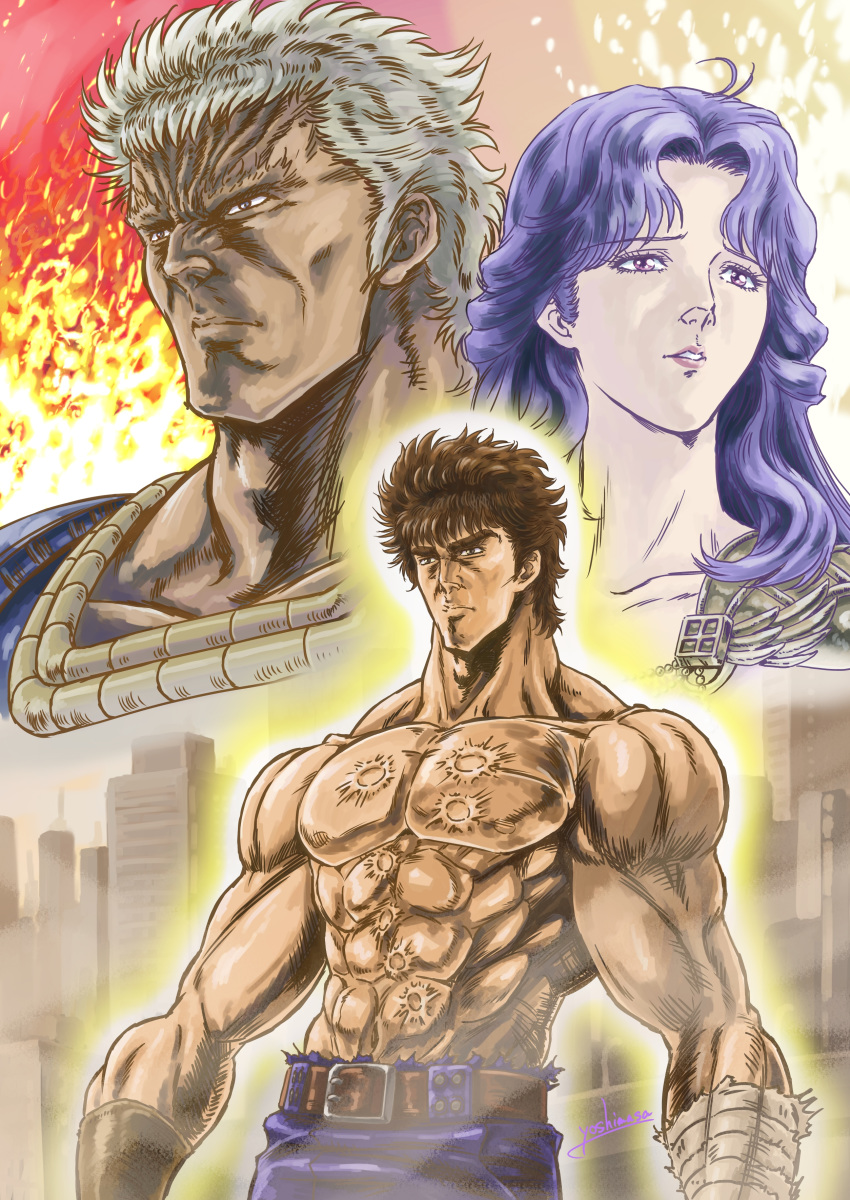 2boys absurdres bandaged_arm bandages big_dipper blue_pants brown_hair collarbone commentary_request constellation female grey_hair highres hokuto_no_ken kenshiro male_focus manly multiple_boys muscular pants parted_lips purple_hair raoh_(hokuto_no_ken) scar signature yoshinaga_masahiro yuria_(hokuto_no_ken)