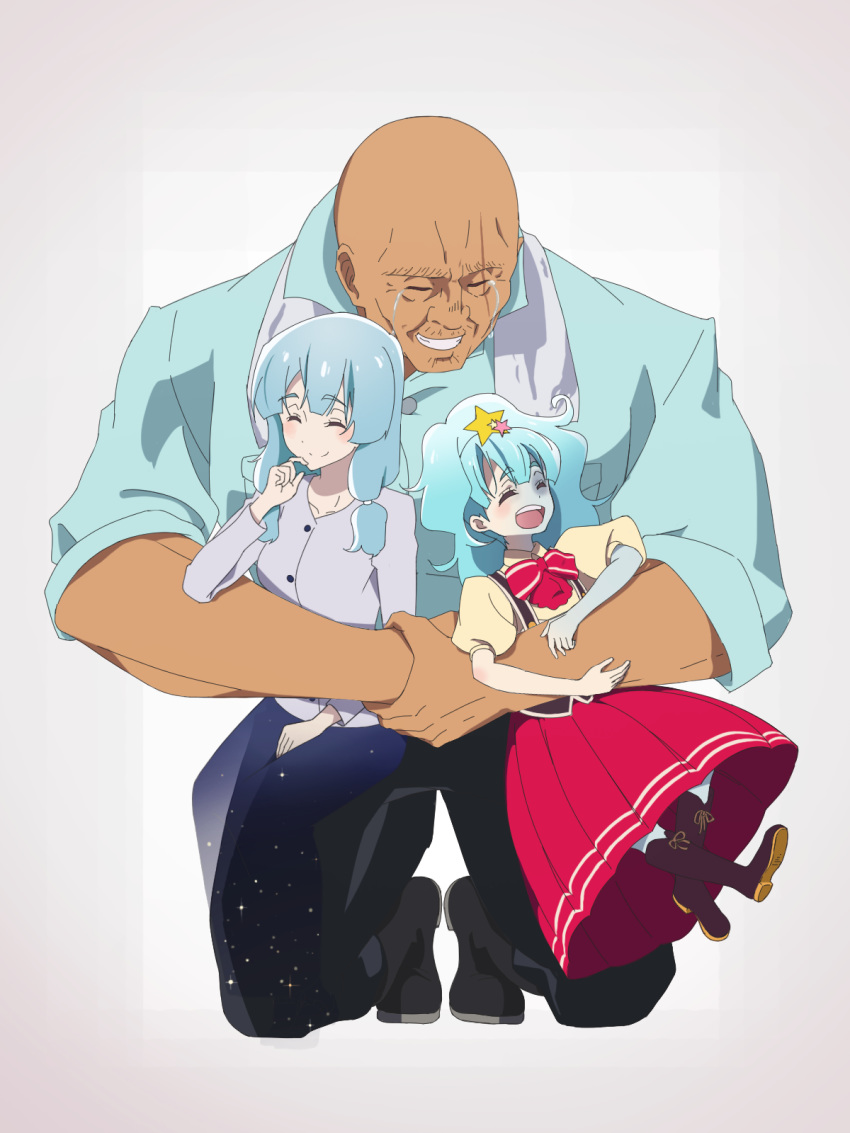 1boy 2girls bald blue_hair boots commentary_request crying family father_and_daughter ghost gou_takeo group_hug hair_ornament highres hoshikawa_lily hug husband_and_wife kneeling light_blue_hair long_hair long_skirt low-tied_long_hair manly mother_and_daughter multiple_girls sachika_(zombie_land_saga) scar scar_across_eye scar_on_face size_difference skirt smile star_(symbol) star_hair_ornament streaming_tears tears transparent user_aghg5445 zombie zombie_land_saga