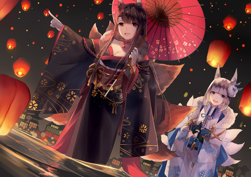 2girls akagi_(azur_lane) akagi_(plum_and_snow)_(azur_lane) animal_ears architecture arrow_(projectile) azur_lane blue_eyes blunt_bangs bob_cut breasts brown_hair chinese_commentary cleavage commentary_request east_asian_architecture fox_ears fox_tail fur-trimmed_kimono fur_trim furisode hair_ornament hamaya holding holding_arrow japanese_clothes kaga_(azur_lane) kaga_(white_fox's_new_year)_(azur_lane) kimono kitsune kyuubi lantern long_hair long_sleeves multiple_girls multiple_tails night night_sky obi official_alternate_costume oil-paper_umbrella open_mouth outdoors paper_lantern photoshop_(medium) pointing red_eyes sash short_hair sidelocks sky sky_lantern smile standing standing_on_liquid straight_hair tadatsu tail umbrella water white_hair wide_sleeves x_hair_ornament