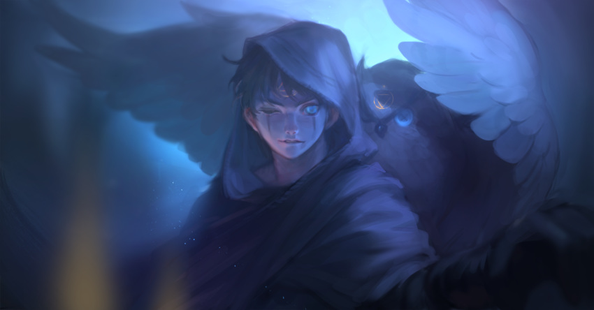 1boy bad_id bad_pixiv_id bird black_cloak black_gloves black_hair blue_background cloak eli_clark forehead_tattoo gloves highres hood identity_v male_focus night one_eye_closed outdoors owl solo somu_(dlektha1994) upper_body